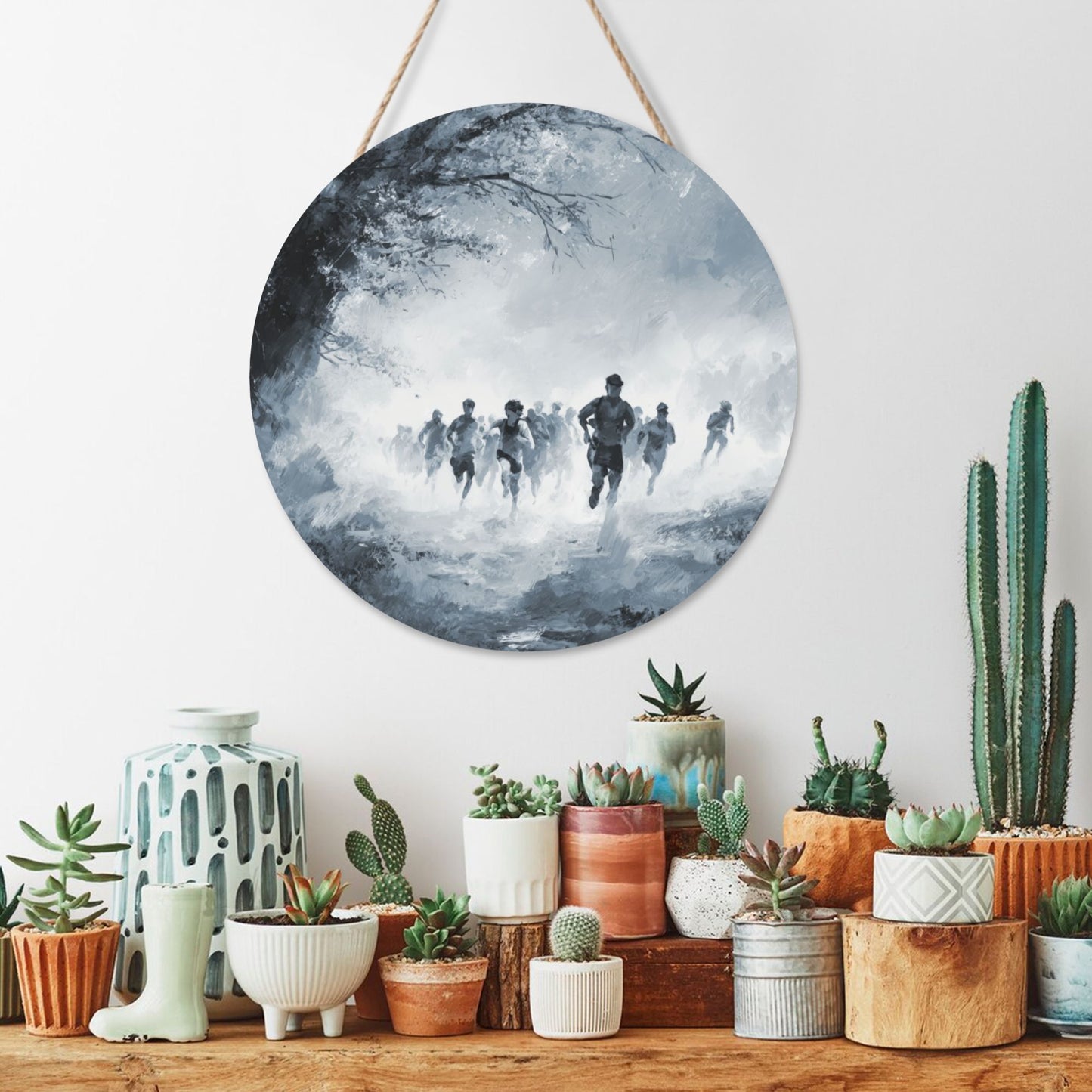 "Runners in Motion" Creative Round Hanging Ornament | Black-and-White Artistic Sports-Themed Design
