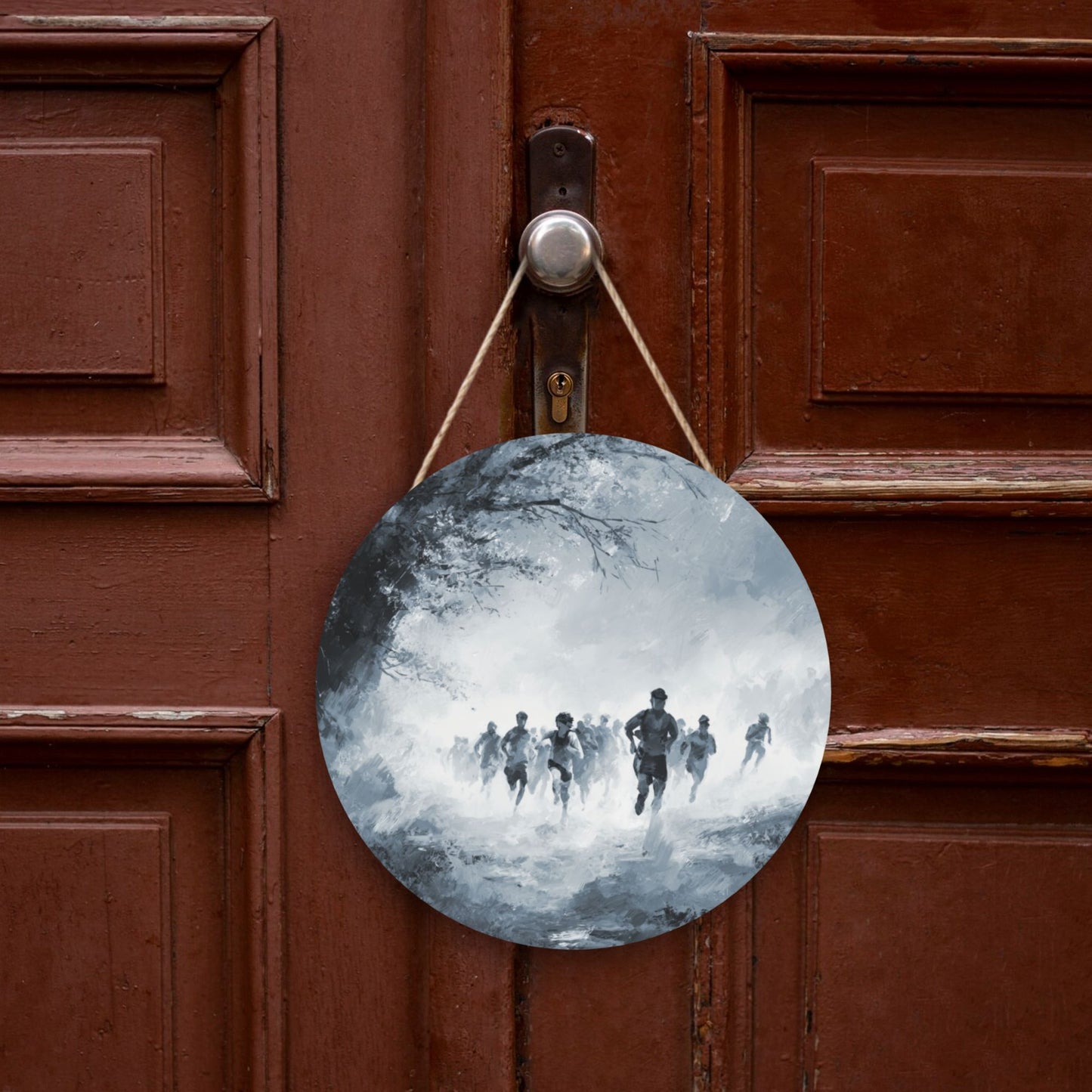 "Runners in Motion" Creative Round Hanging Ornament | Black-and-White Artistic Sports-Themed Design