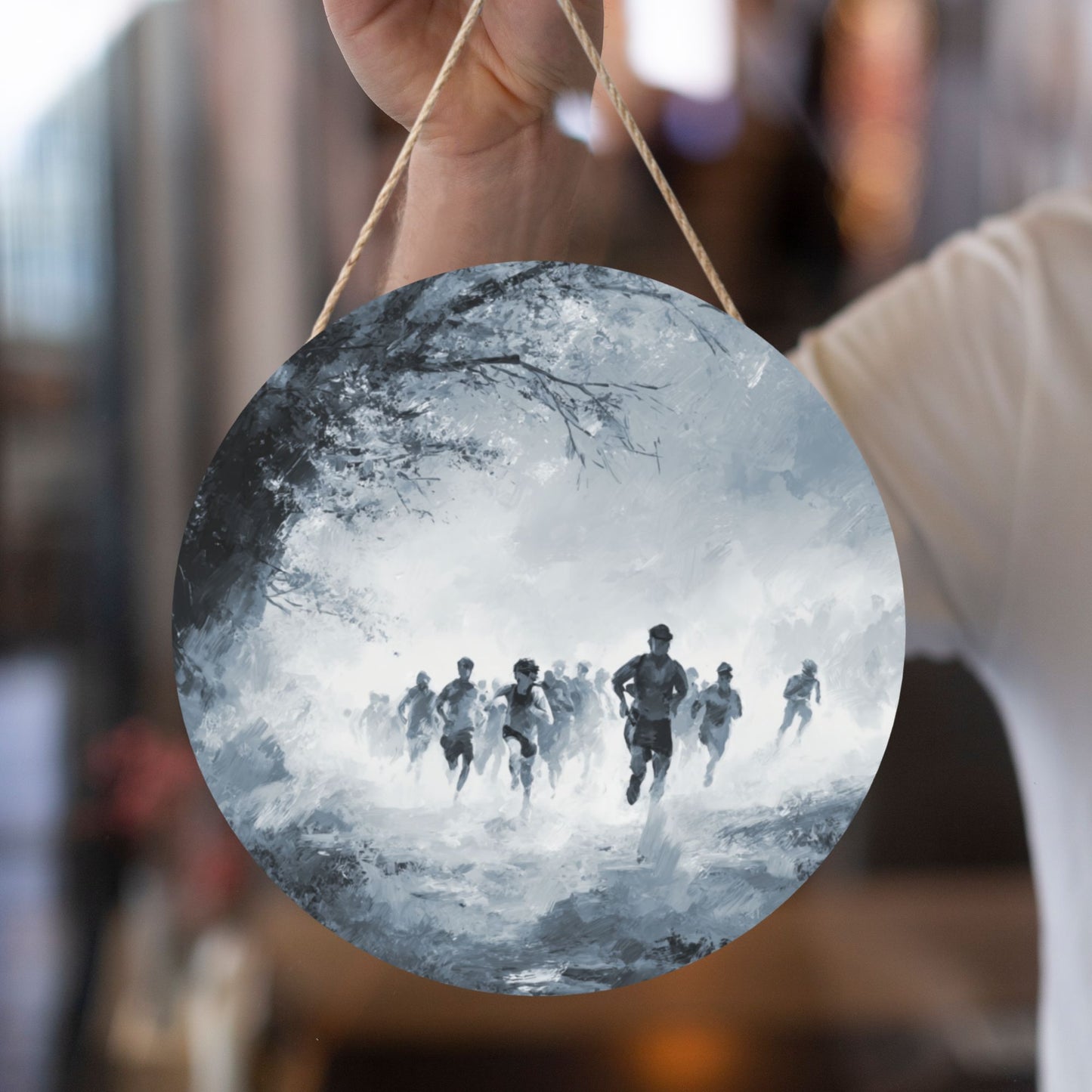 "Runners in Motion" Creative Round Hanging Ornament | Black-and-White Artistic Sports-Themed Design