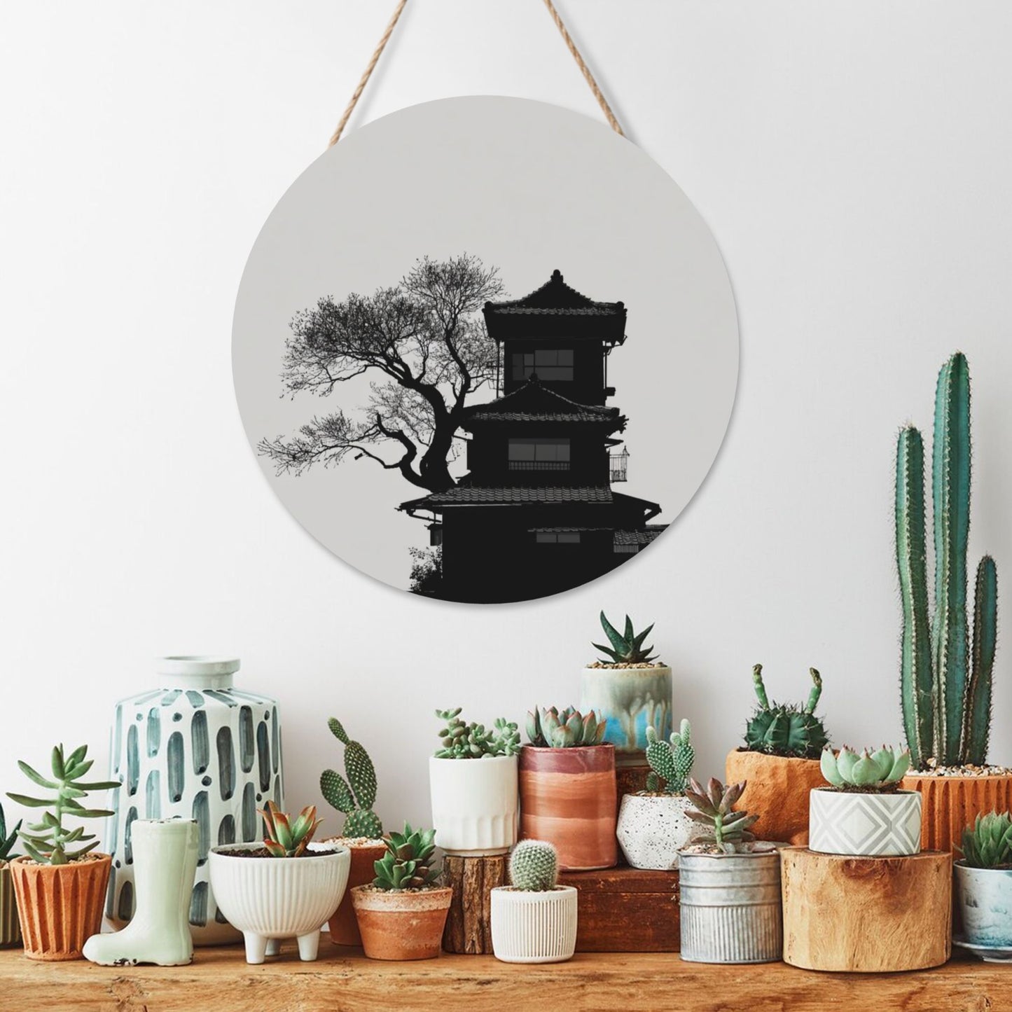 "Eastern Serenity" Creative Round Hanging Ornament | Black-and-White Silhouette of Architecture and Ancient Tree