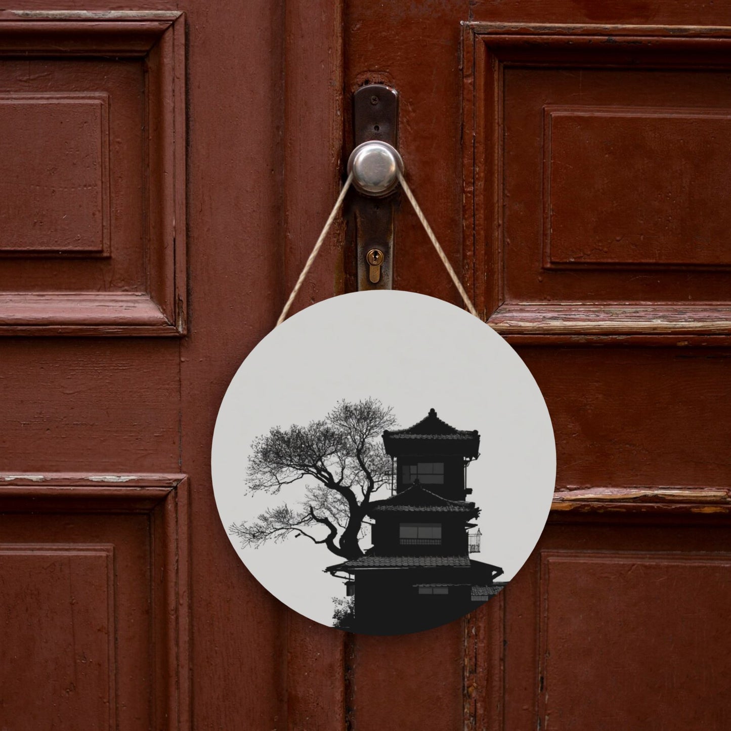 "Eastern Serenity" Creative Round Hanging Ornament | Black-and-White Silhouette of Architecture and Ancient Tree