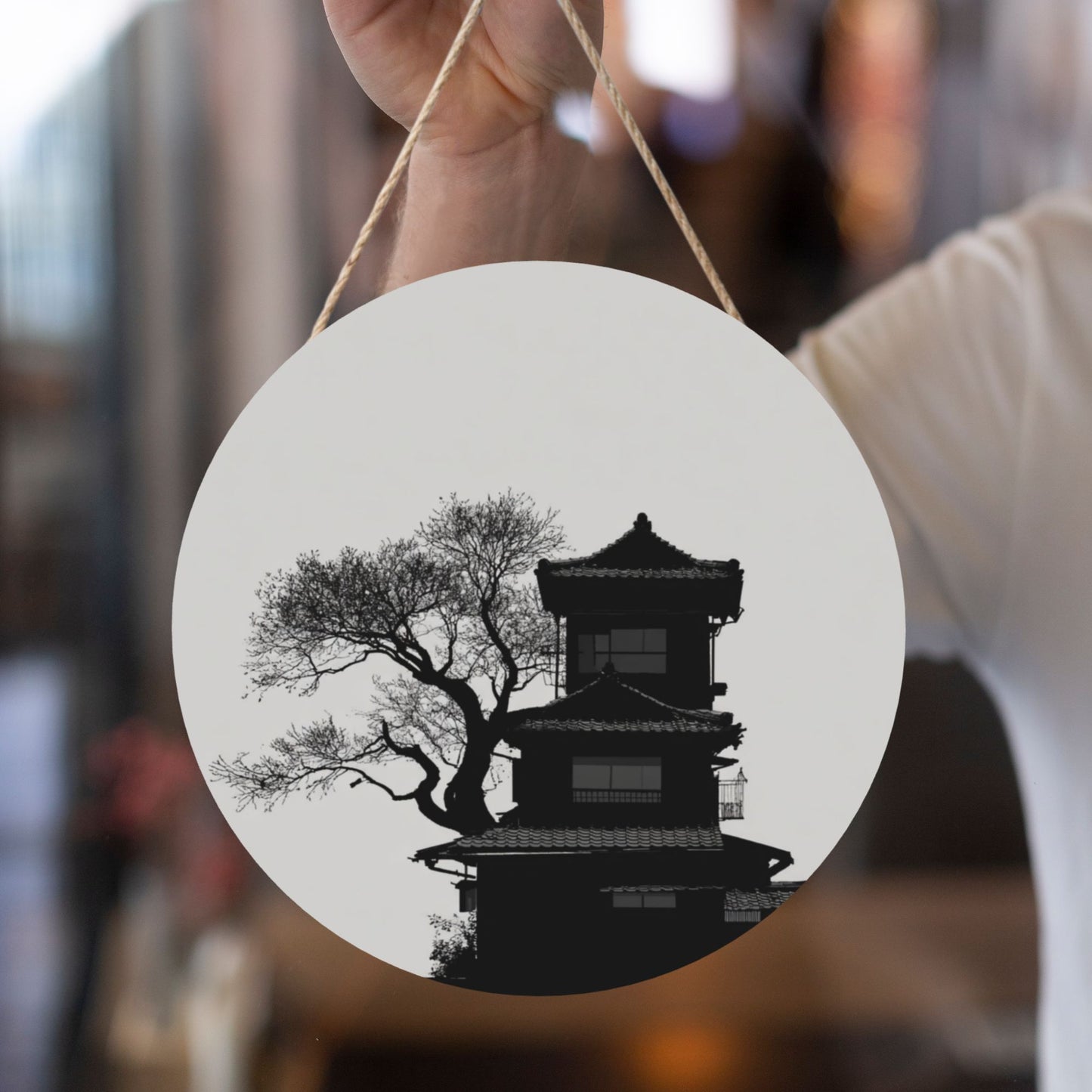 "Eastern Serenity" Creative Round Hanging Ornament | Black-and-White Silhouette of Architecture and Ancient Tree
