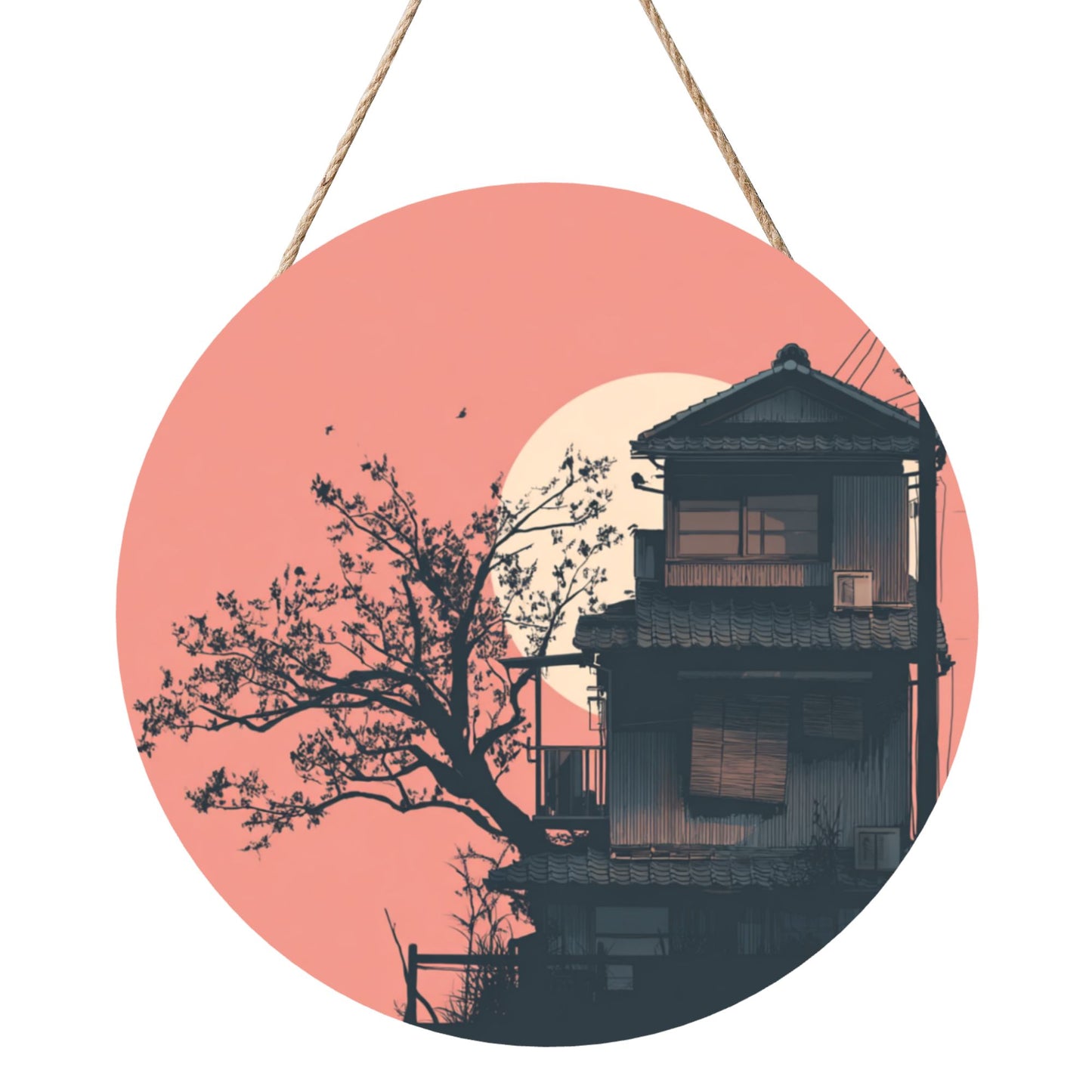 "Sunset Courtyard" Creative Round Hanging Ornament | Artistic Design of Eastern House and Setting Sun