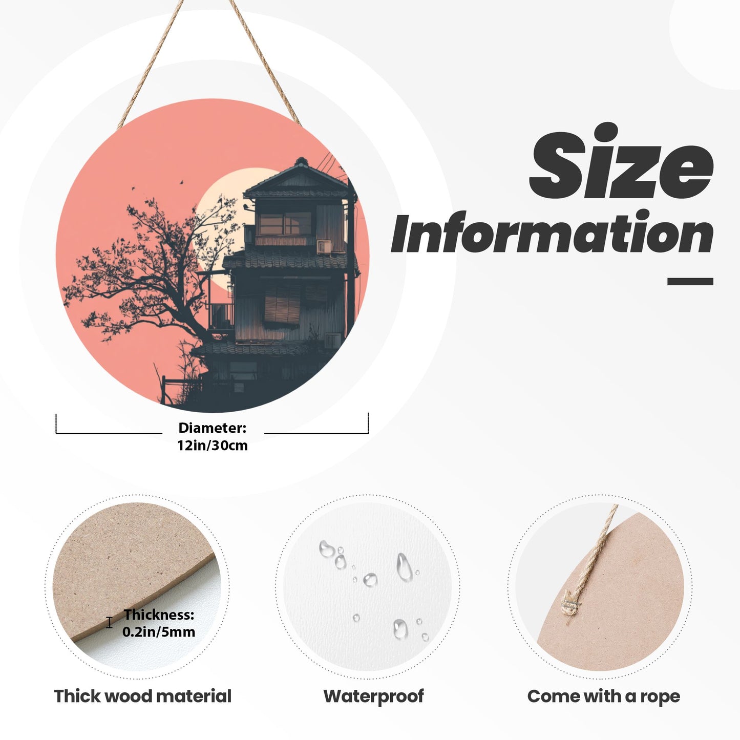 "Sunset Courtyard" Creative Round Hanging Ornament | Artistic Design of Eastern House and Setting Sun