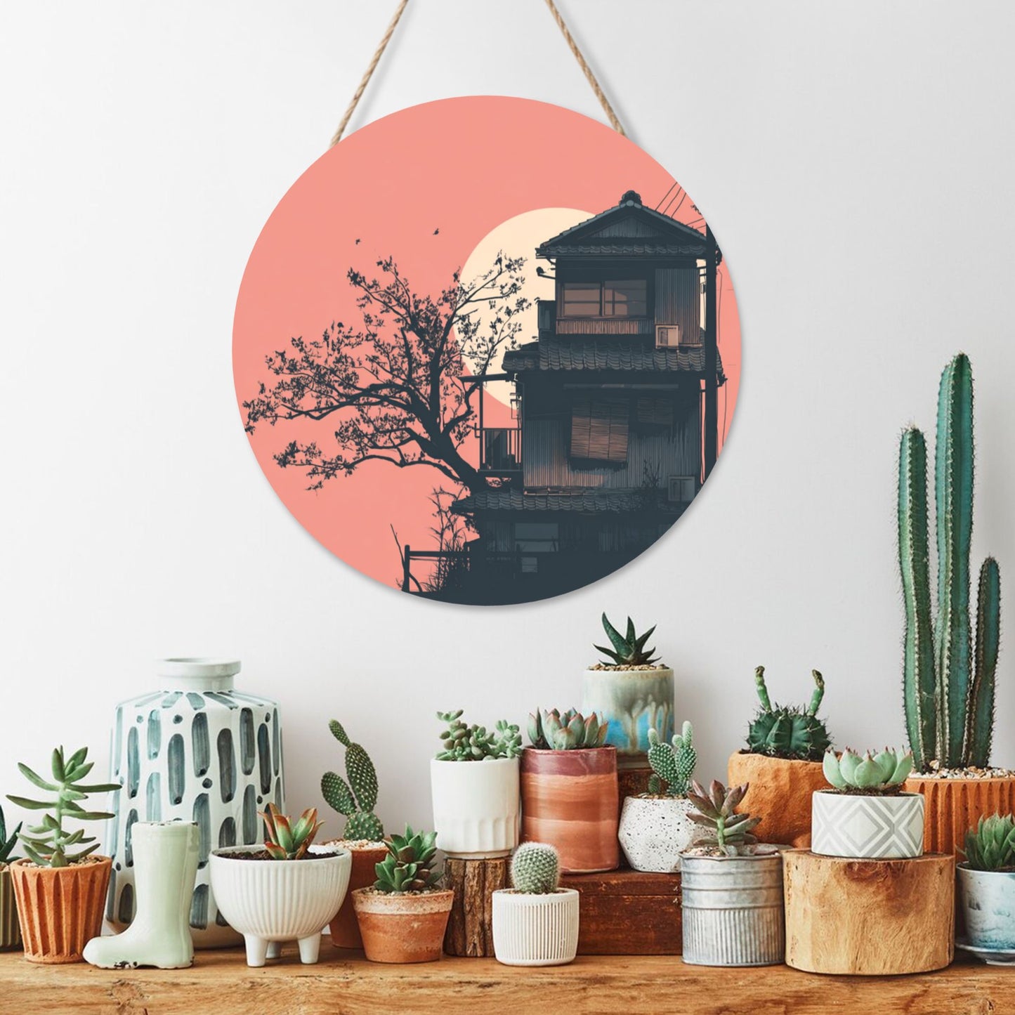 "Sunset Courtyard" Creative Round Hanging Ornament | Artistic Design of Eastern House and Setting Sun