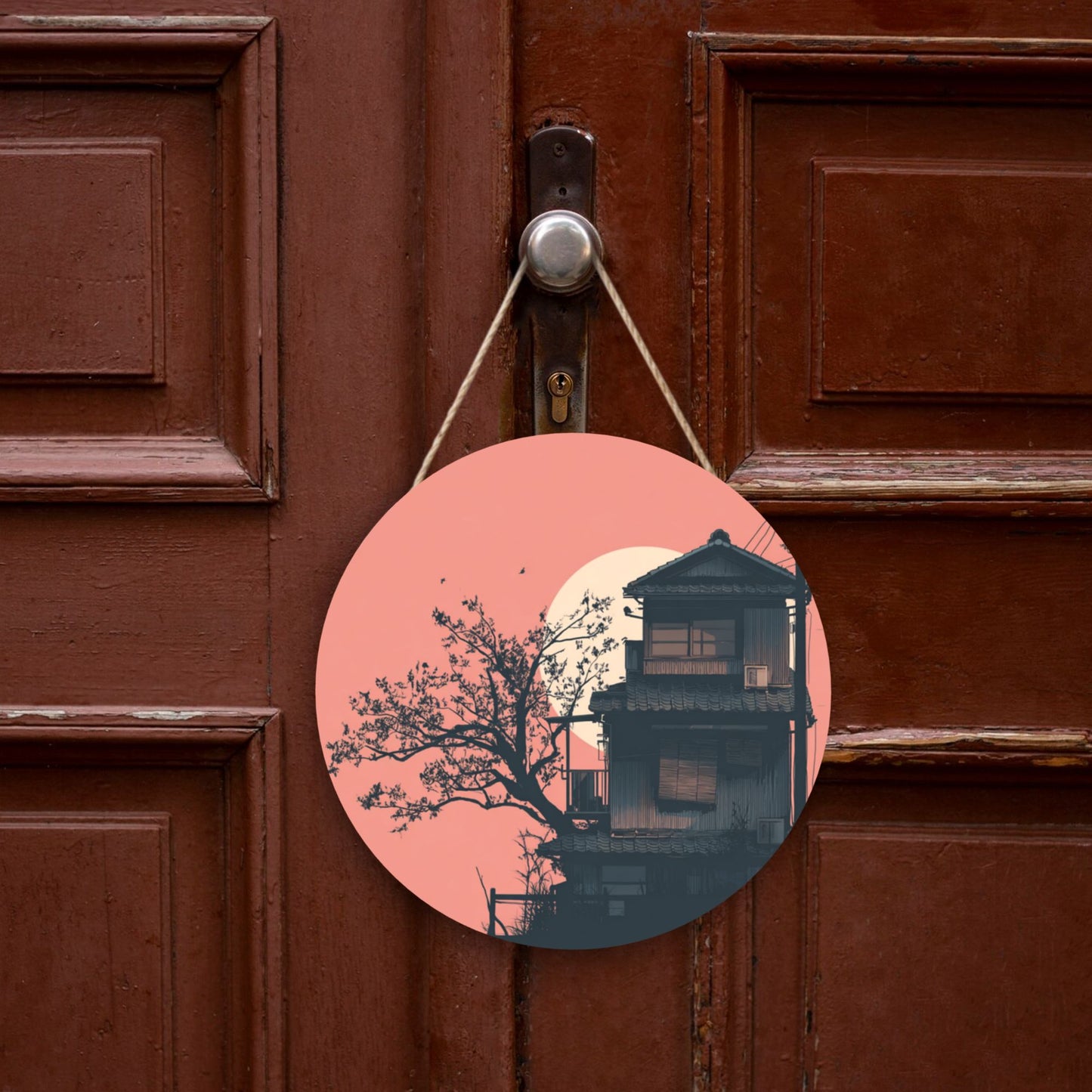 "Sunset Courtyard" Creative Round Hanging Ornament | Artistic Design of Eastern House and Setting Sun