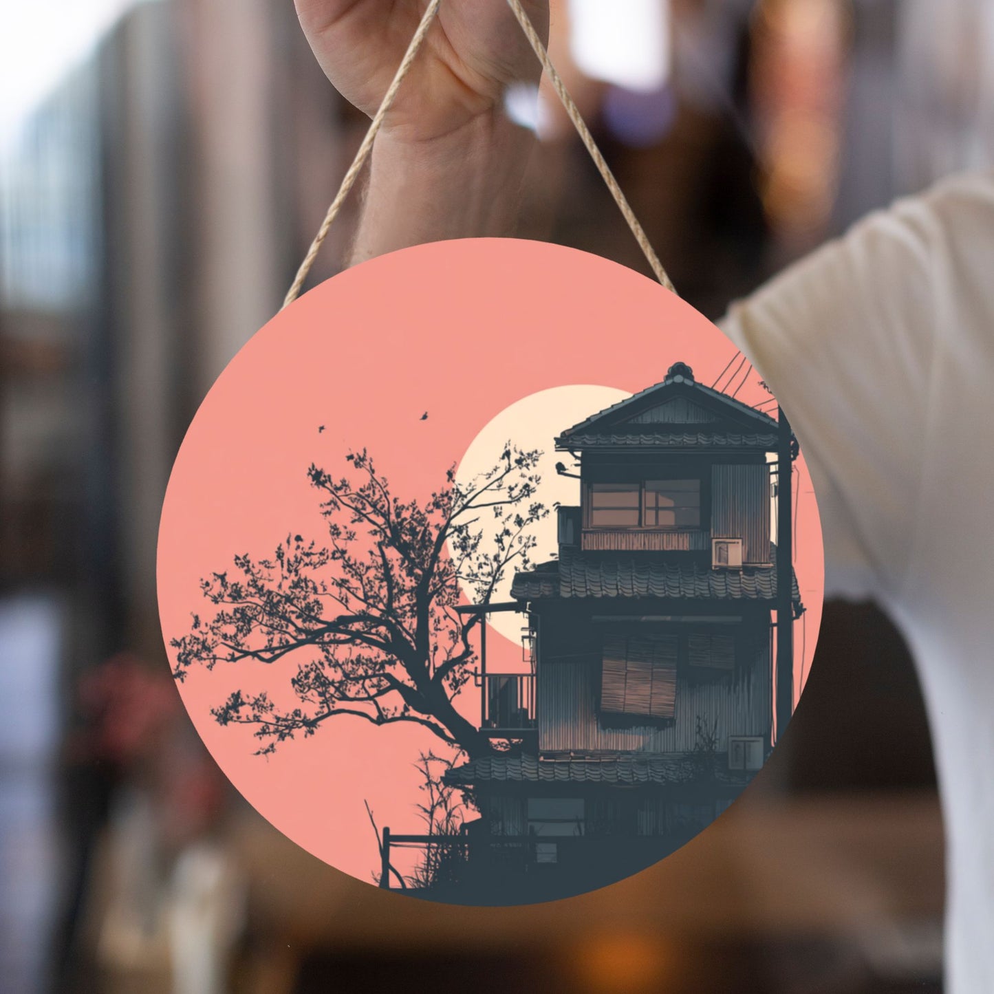 "Sunset Courtyard" Creative Round Hanging Ornament | Artistic Design of Eastern House and Setting Sun