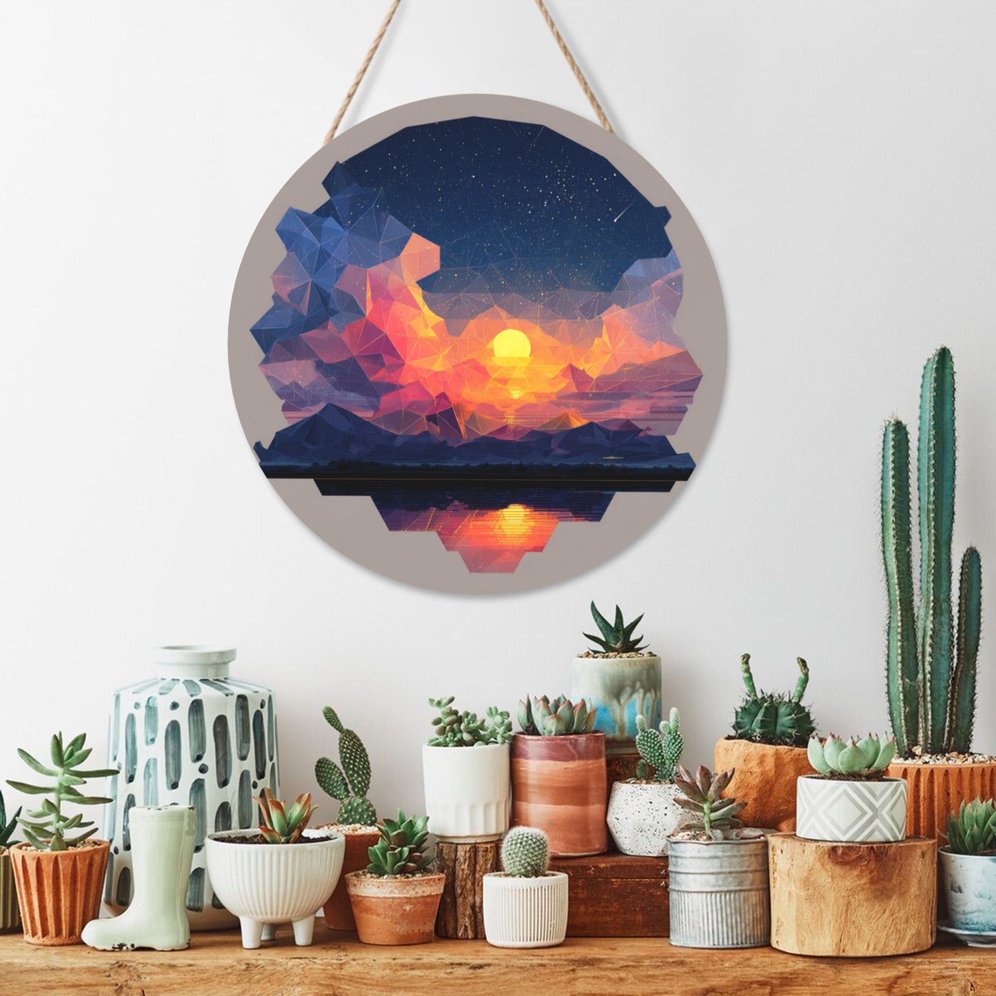 "Geometric Starlight" Creative Round Hanging Ornament | Polygonal Art Design of Sunset and Starry Sky