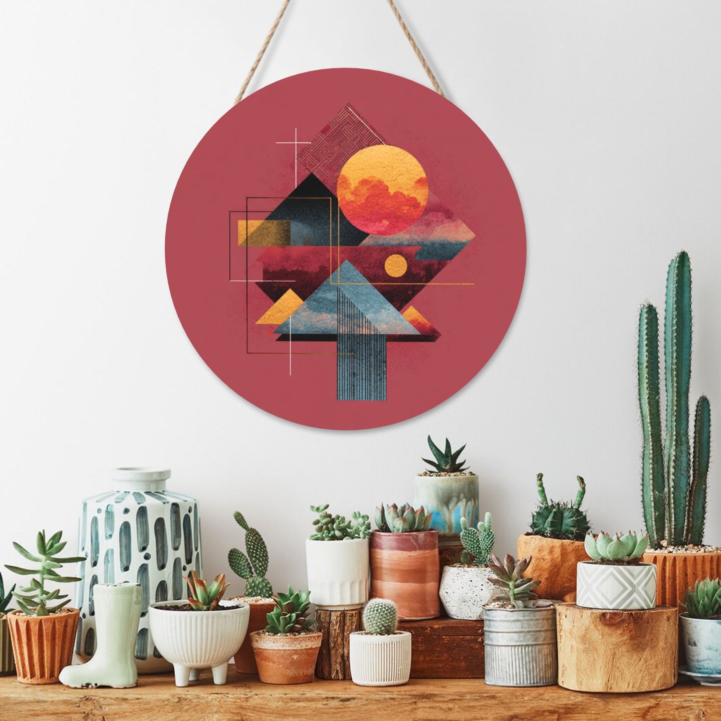 "Geometric Sunset" Creative Round Hanging Ornament | Modern Abstract Design Inspired by Nature