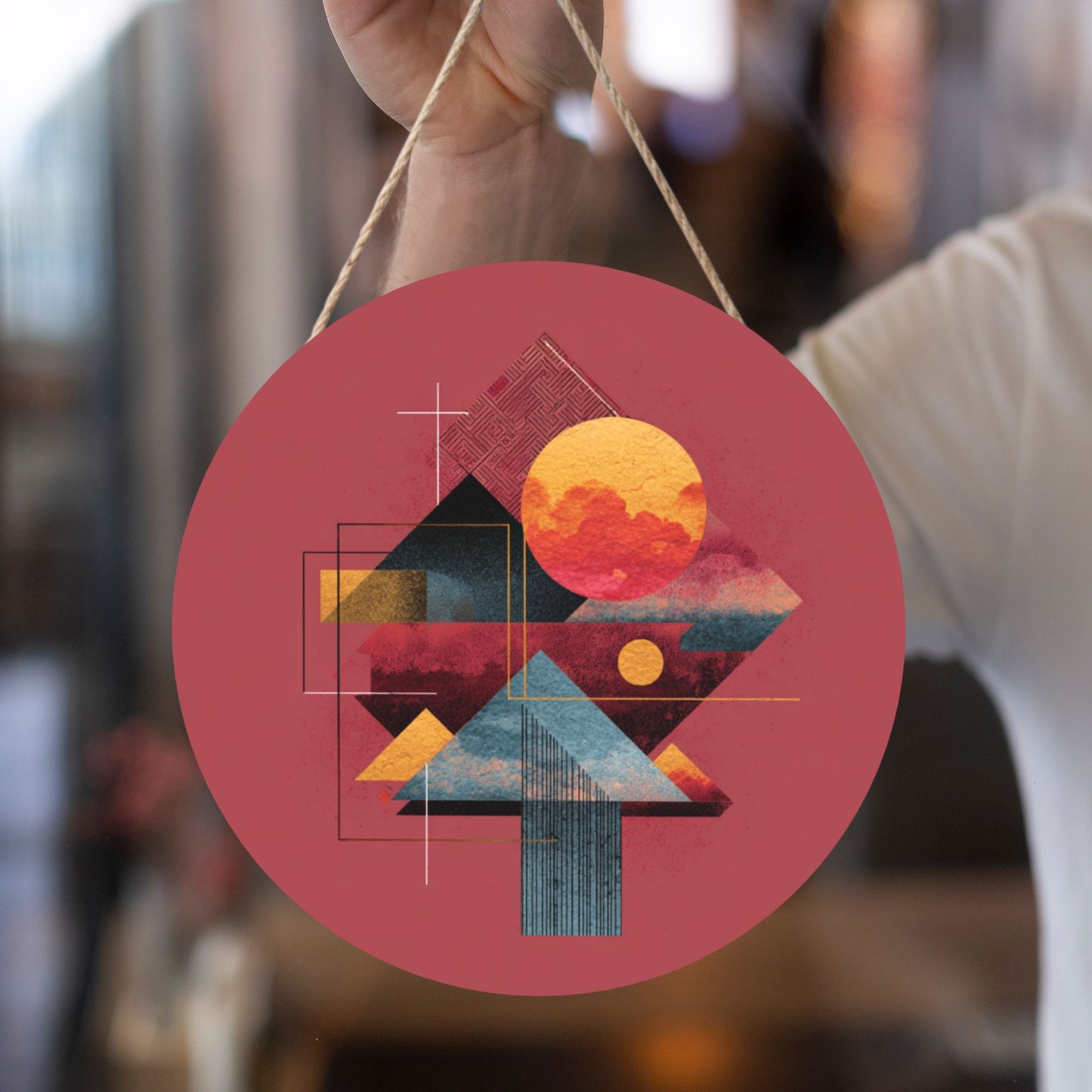 "Geometric Sunset" Creative Round Hanging Ornament | Modern Abstract Design Inspired by Nature