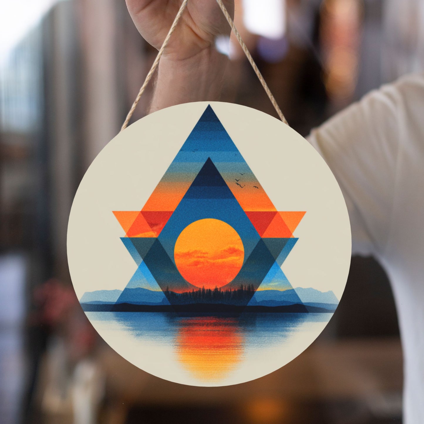 "Geometric Sunset Lake View" Creative Round Hanging Ornament | Modern Fusion of Geometry and Nature