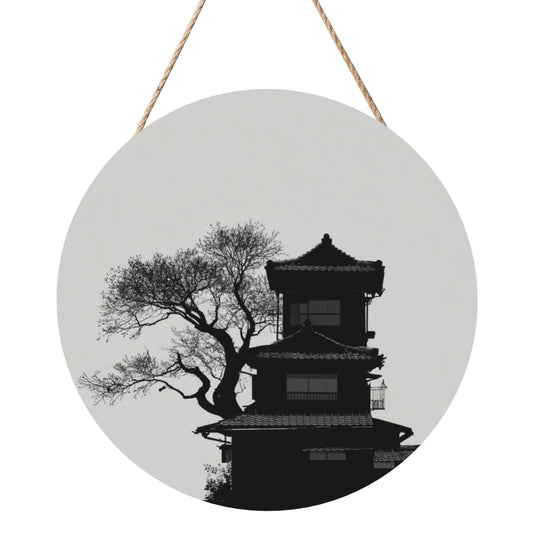 "Eastern Serenity" Creative Round Hanging Ornament | Black-and-White Silhouette of Architecture and Ancient Tree