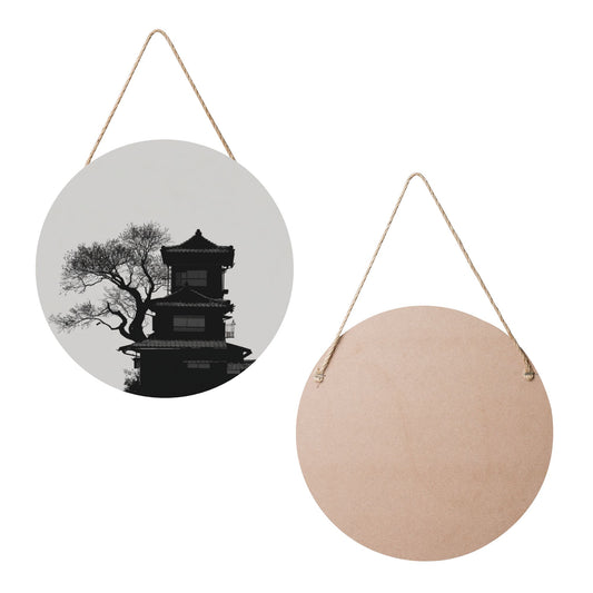 "Eastern Serenity" Creative Round Hanging Ornament | Black-and-White Silhouette of Architecture and Ancient Tree