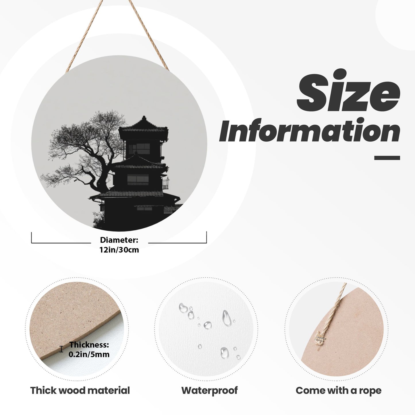 "Eastern Serenity" Creative Round Hanging Ornament | Black-and-White Silhouette of Architecture and Ancient Tree