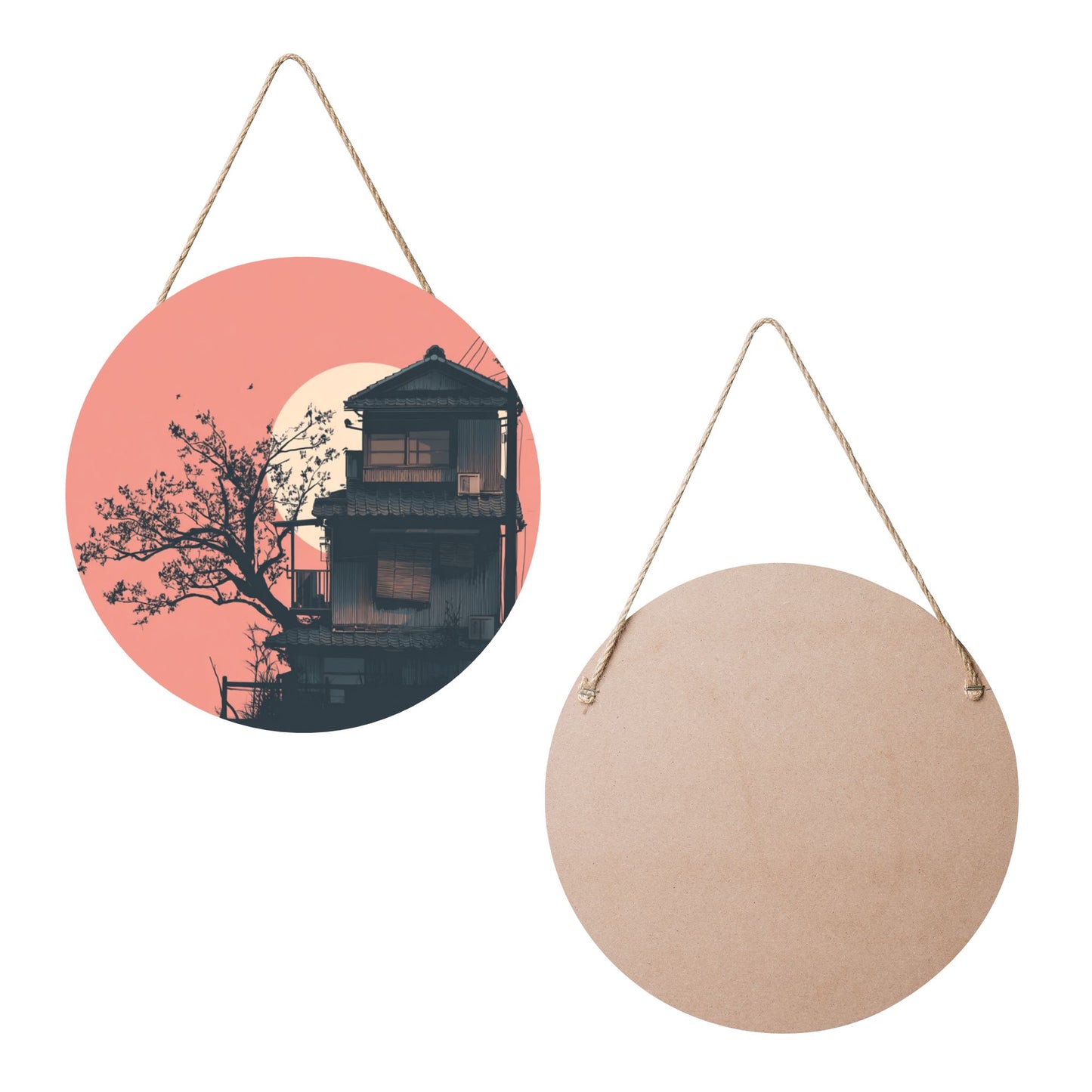 "Sunset Courtyard" Creative Round Hanging Ornament | Artistic Design of Eastern House and Setting Sun