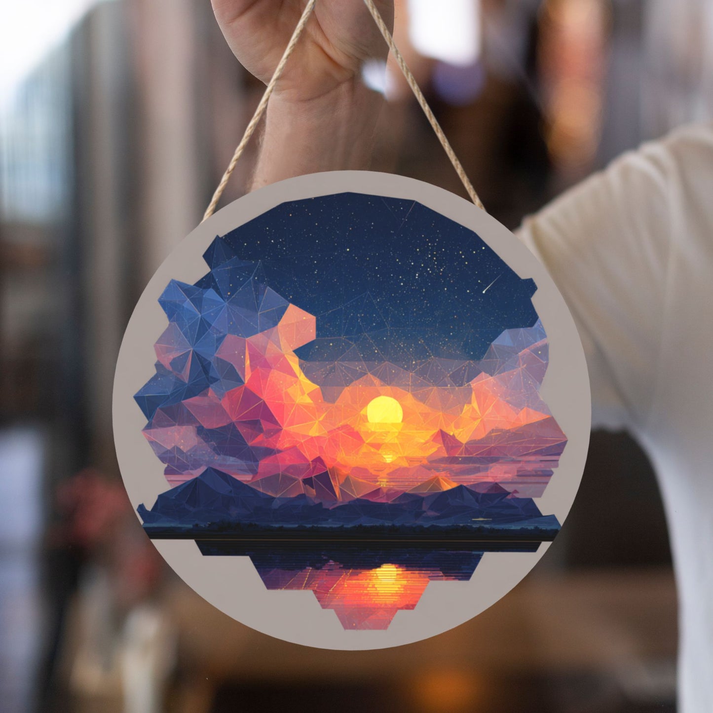"Geometric Starlight" Creative Round Hanging Ornament | Polygonal Art Design of Sunset and Starry Sky