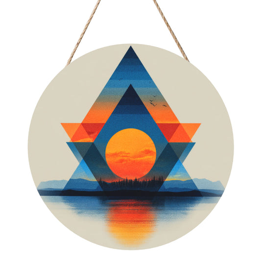 "Geometric Sunset Lake View" Creative Round Hanging Ornament | Modern Fusion of Geometry and Nature