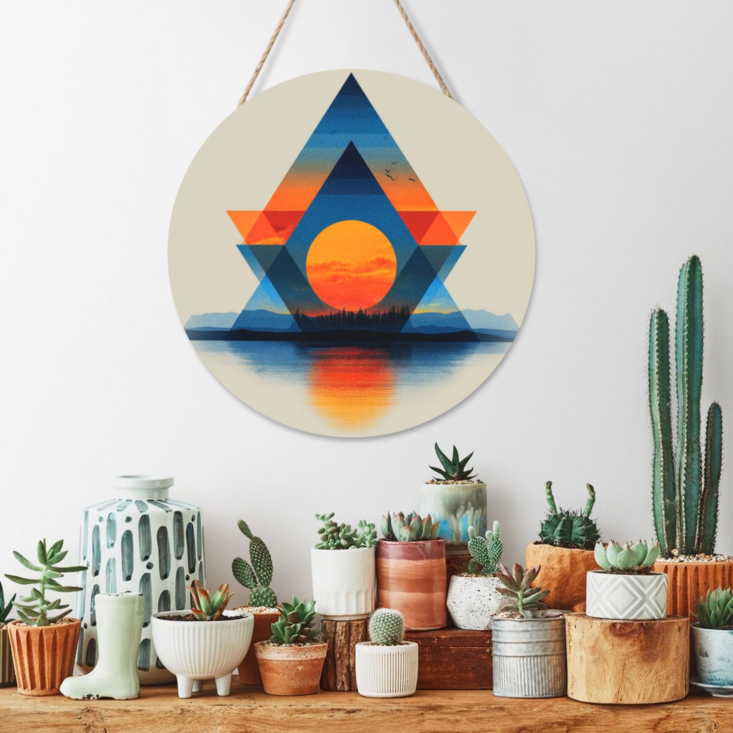 "Geometric Sunset Lake View" Creative Round Hanging Ornament | Modern Fusion of Geometry and Nature