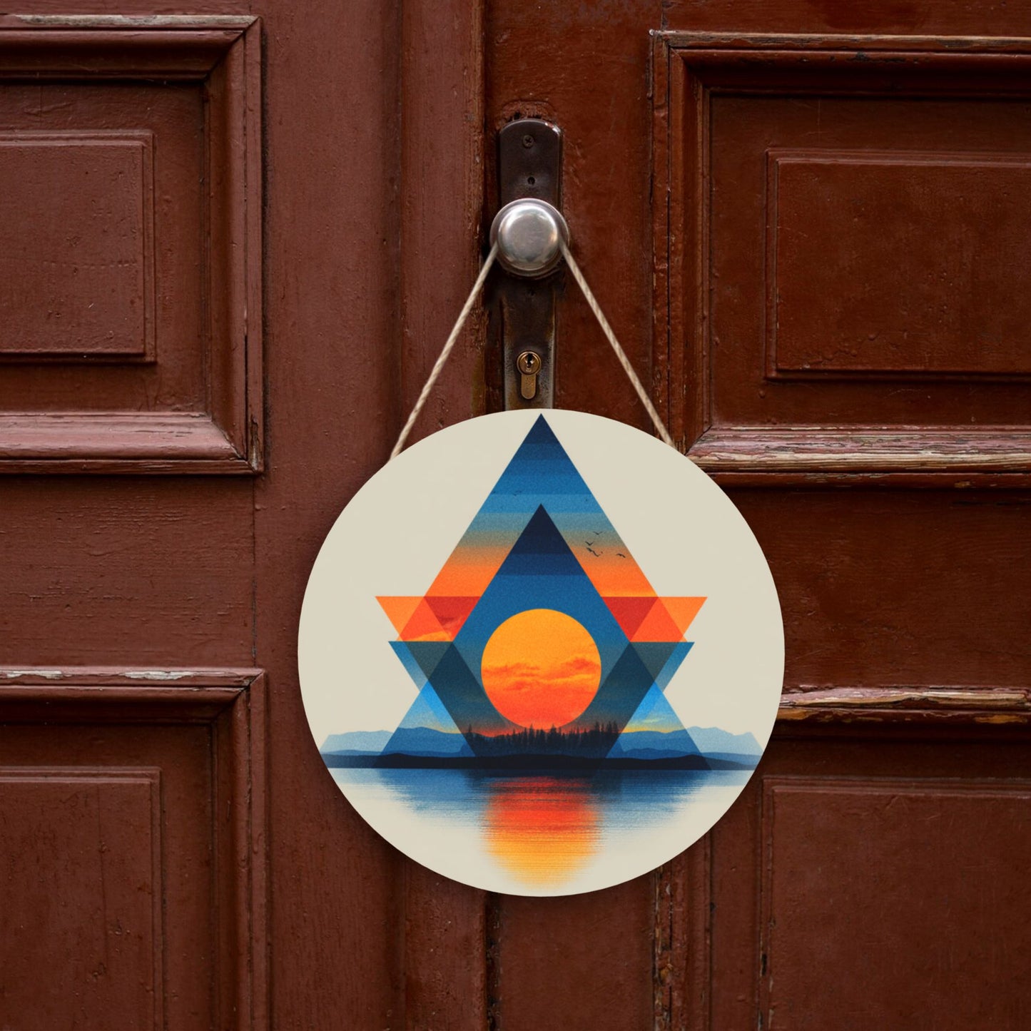 "Geometric Sunset Lake View" Creative Round Hanging Ornament | Modern Fusion of Geometry and Nature
